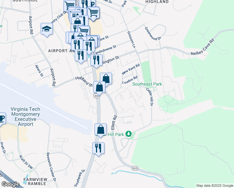 map of restaurants, bars, coffee shops, grocery stores, and more near 237 Fairfax Road in Blacksburg