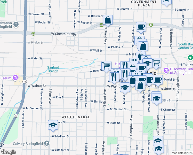 map of restaurants, bars, coffee shops, grocery stores, and more near 734 West Olive Street in Springfield