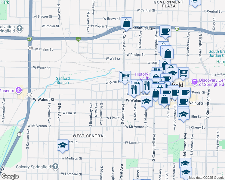 map of restaurants, bars, coffee shops, grocery stores, and more near 734 West Olive Street in Springfield