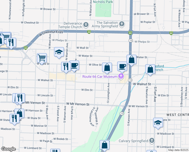 map of restaurants, bars, coffee shops, grocery stores, and more near 1929 West College Street in Springfield