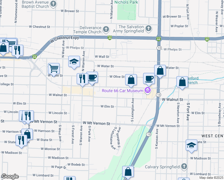 map of restaurants, bars, coffee shops, grocery stores, and more near 2041 West College Street in Springfield