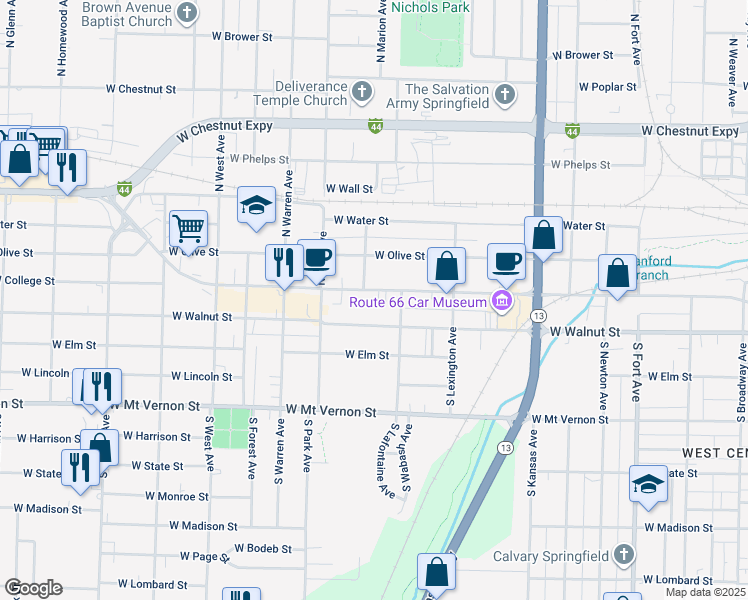 map of restaurants, bars, coffee shops, grocery stores, and more near 2041 West College Street in Springfield