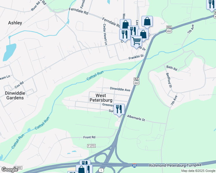 map of restaurants, bars, coffee shops, grocery stores, and more near 25712 Dinwiddie Avenue in Petersburg