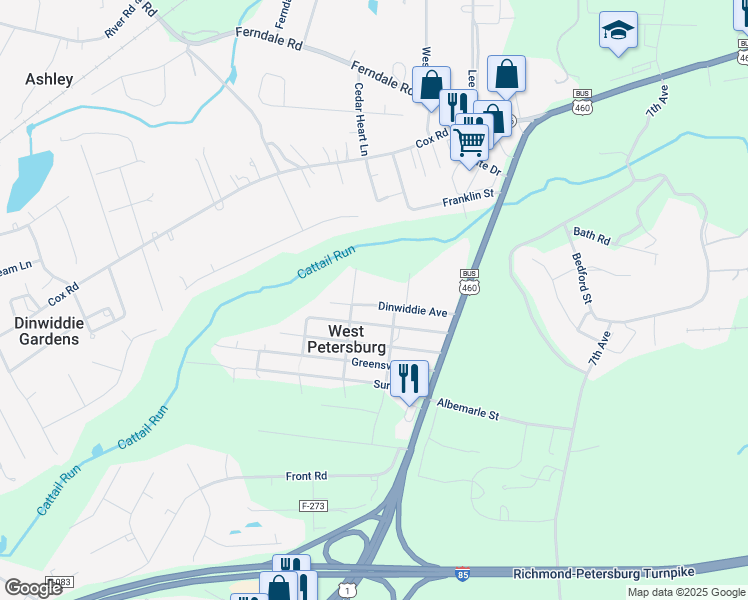 map of restaurants, bars, coffee shops, grocery stores, and more near 25712 Dinwiddie Avenue in Petersburg