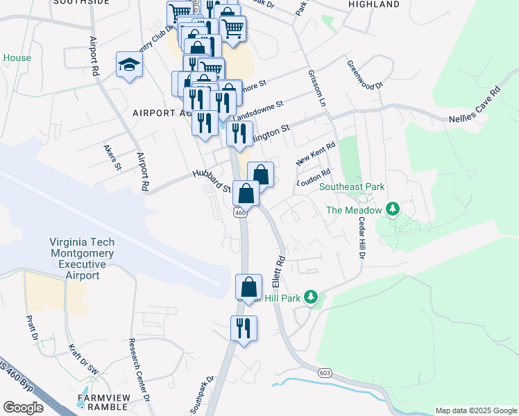 map of restaurants, bars, coffee shops, grocery stores, and more near 108 Ellett Road in Blacksburg