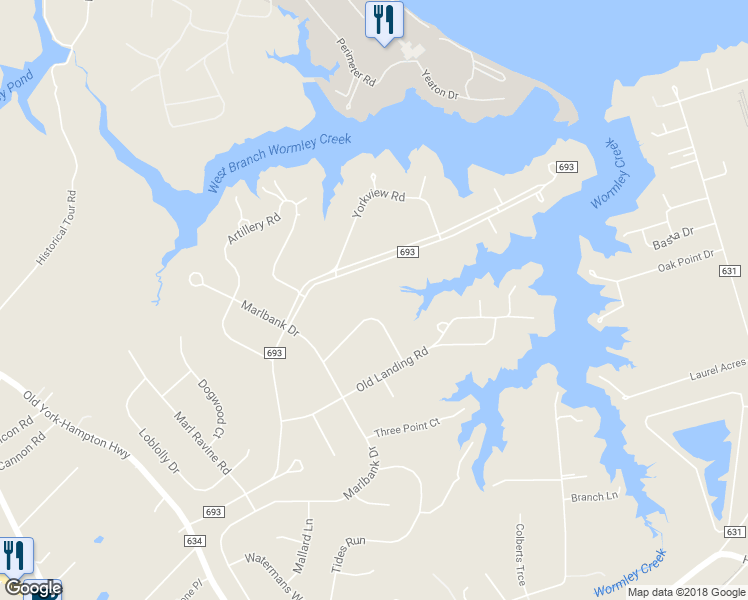map of restaurants, bars, coffee shops, grocery stores, and more near 114 Poplar Point Road in Yorktown