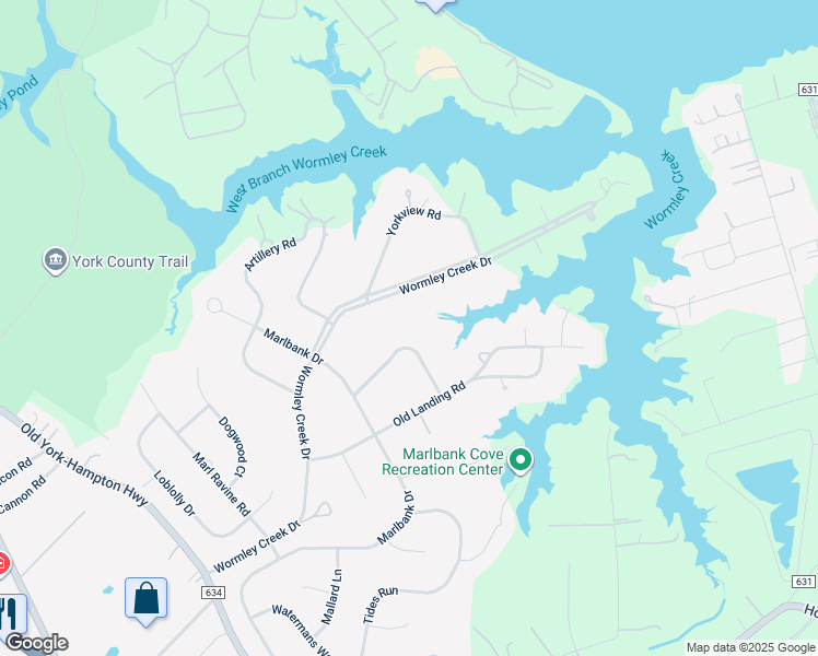 map of restaurants, bars, coffee shops, grocery stores, and more near 114 Poplar Point Road in Yorktown