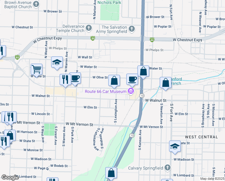 map of restaurants, bars, coffee shops, grocery stores, and more near 1812 West College Street in Springfield