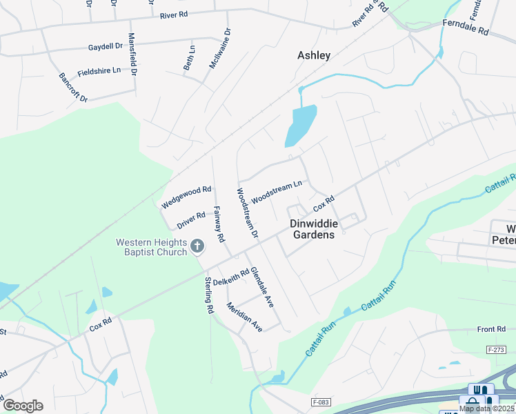 map of restaurants, bars, coffee shops, grocery stores, and more near 24614 Woodstream Lane in Petersburg