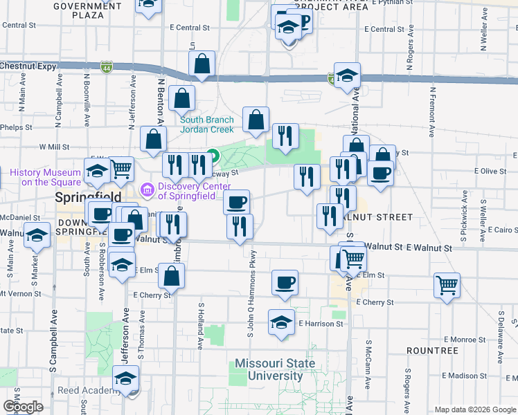 map of restaurants, bars, coffee shops, grocery stores, and more near 910 East Saint Louis Street in Springfield