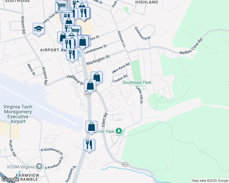 map of restaurants, bars, coffee shops, grocery stores, and more near 1730 Liberty Lane in Blacksburg