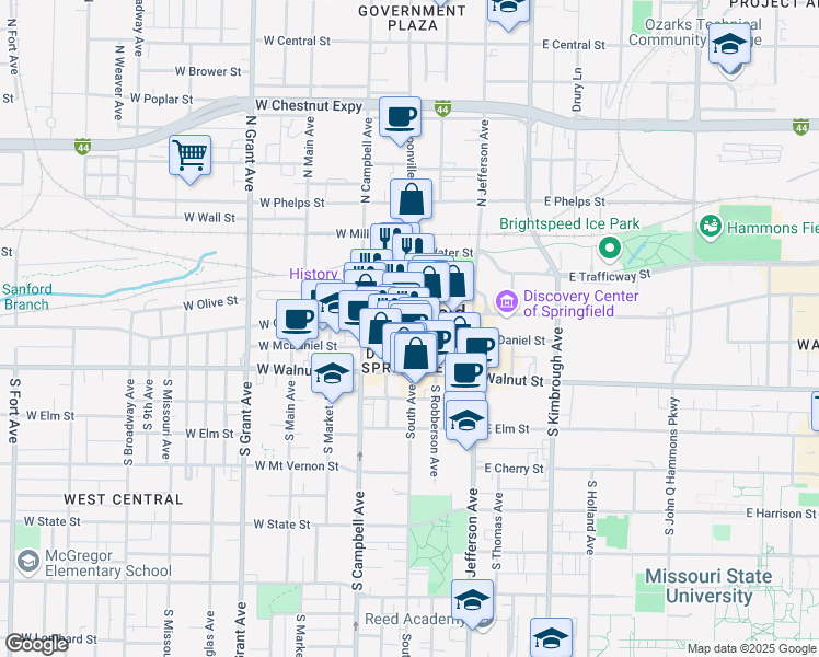 map of restaurants, bars, coffee shops, grocery stores, and more near in Springfield