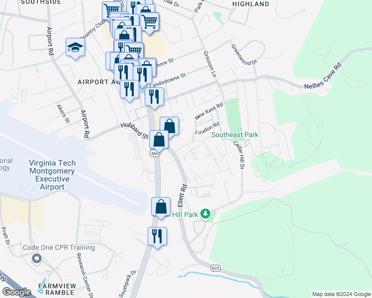 map of restaurants, bars, coffee shops, grocery stores, and more near 237 Fairfax Road in Blacksburg