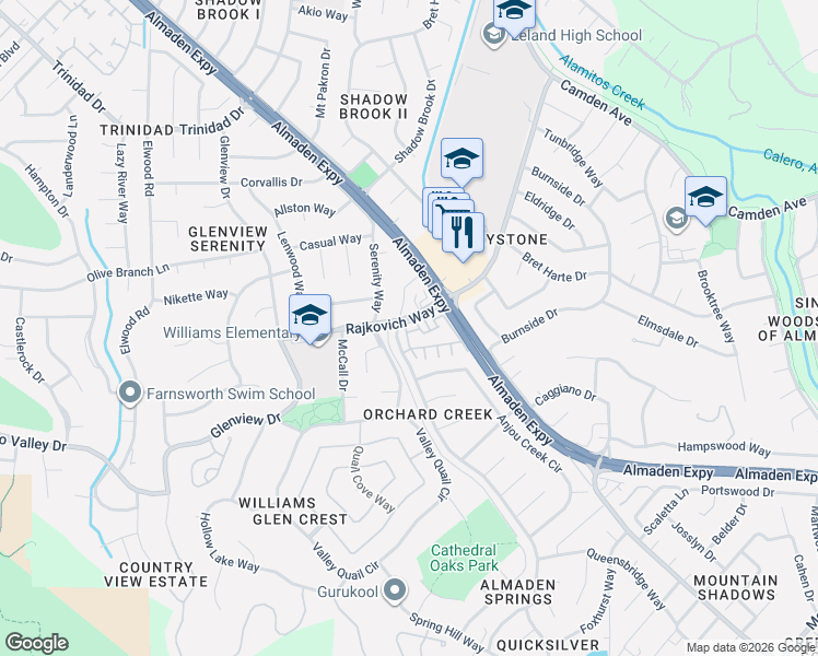 map of restaurants, bars, coffee shops, grocery stores, and more near 1187 Silver Shadow Drive in San Jose