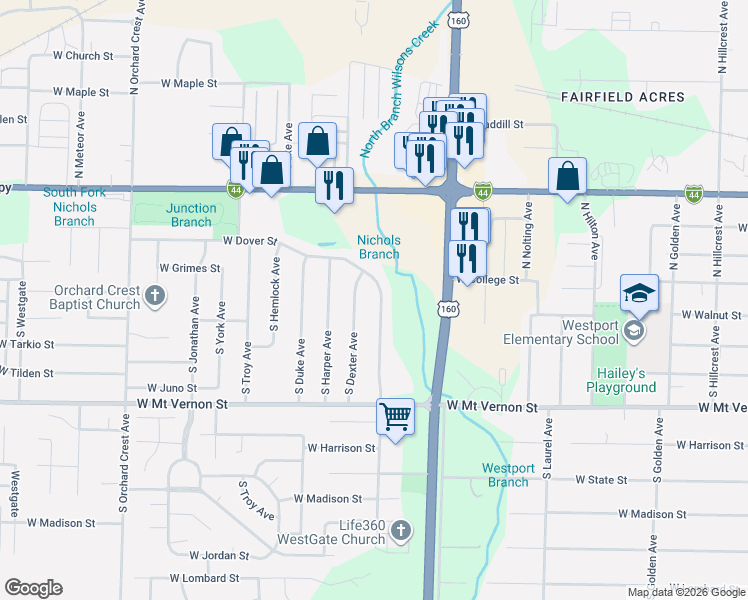 map of restaurants, bars, coffee shops, grocery stores, and more near 214 South Dexter Avenue in Springfield