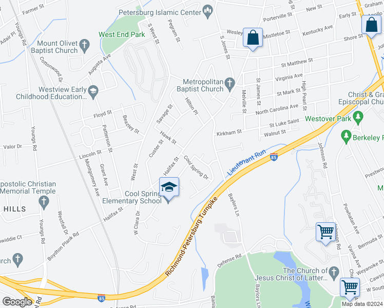 map of restaurants, bars, coffee shops, grocery stores, and more near 1323 Talley Avenue in Petersburg