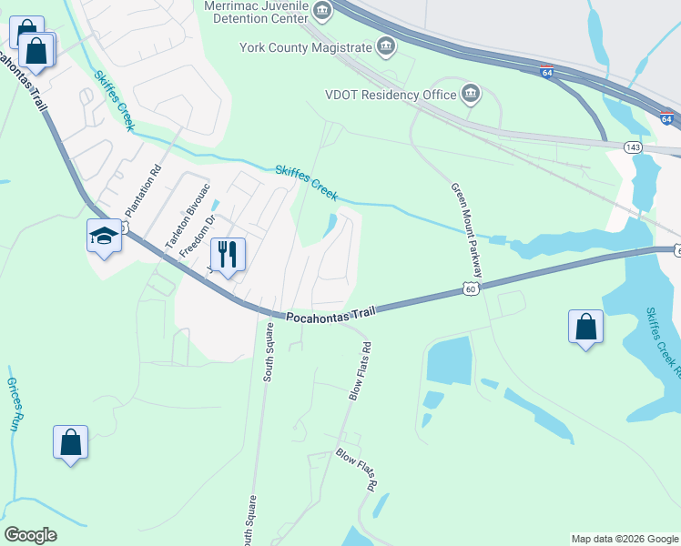 map of restaurants, bars, coffee shops, grocery stores, and more near 1621 Skiffes Creek Circle in Williamsburg