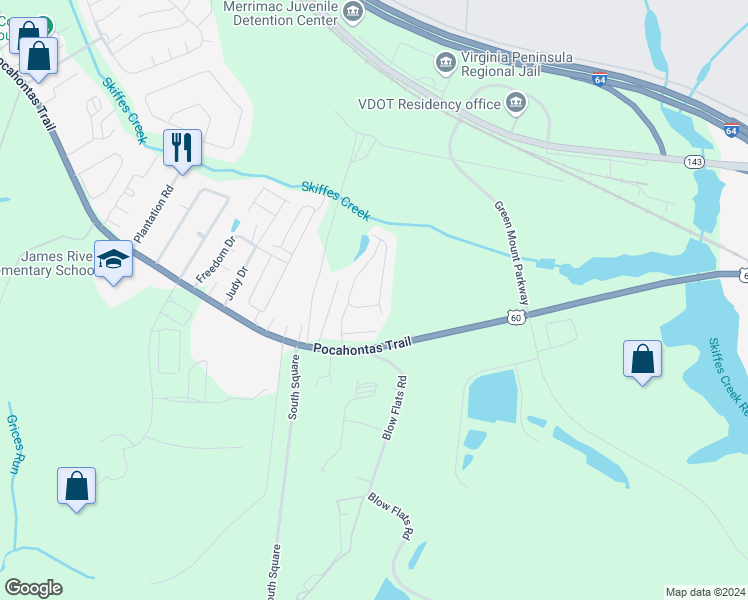 map of restaurants, bars, coffee shops, grocery stores, and more near 1621 Skiffes Creek Circle in Williamsburg