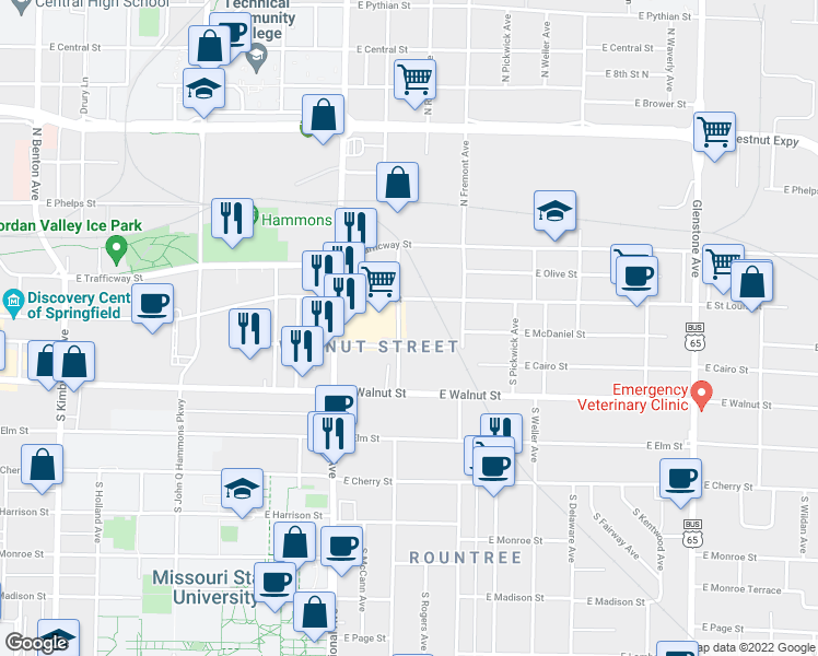 map of restaurants, bars, coffee shops, grocery stores, and more near 216 South Kickapoo Avenue in Springfield