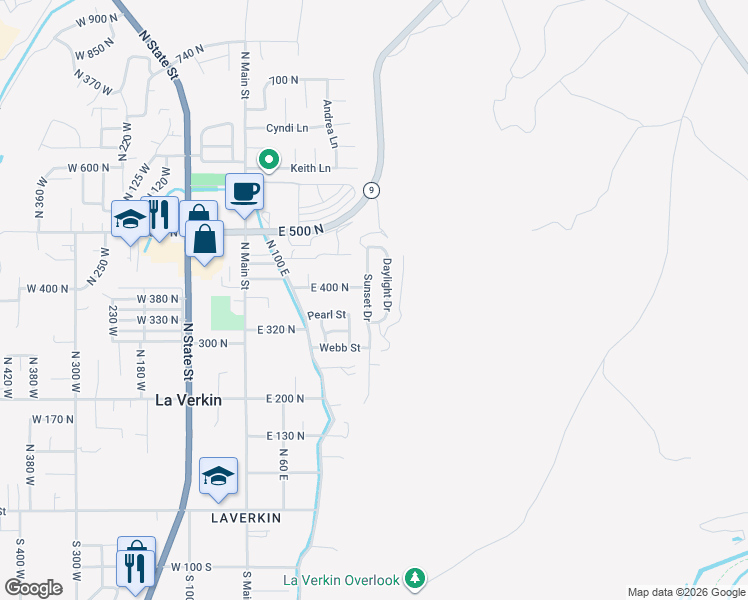 map of restaurants, bars, coffee shops, grocery stores, and more near 384 North 200 East in La Verkin