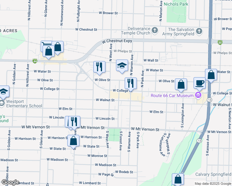map of restaurants, bars, coffee shops, grocery stores, and more near 2400 West College Street in Springfield