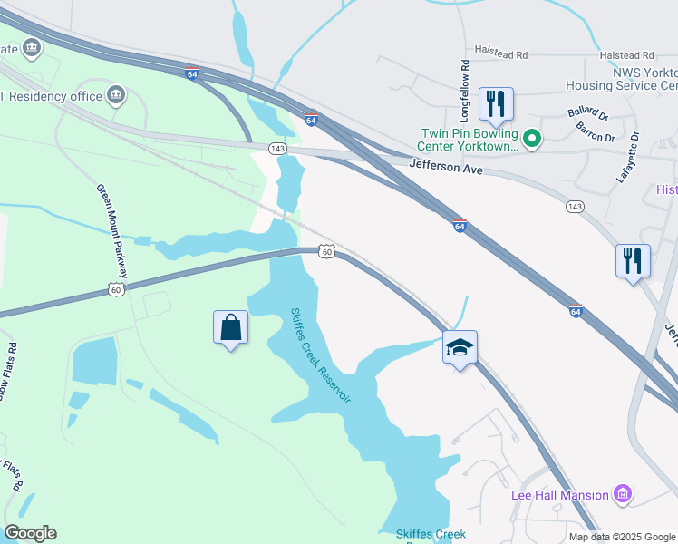 map of restaurants, bars, coffee shops, grocery stores, and more near 17669 Warwick Boulevard in Newport News