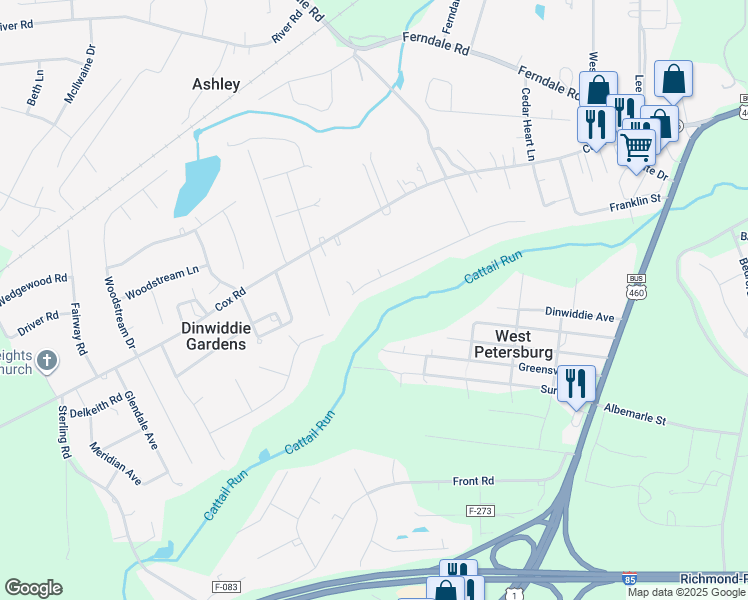 map of restaurants, bars, coffee shops, grocery stores, and more near 25211 Walkers Landing Court in Petersburg