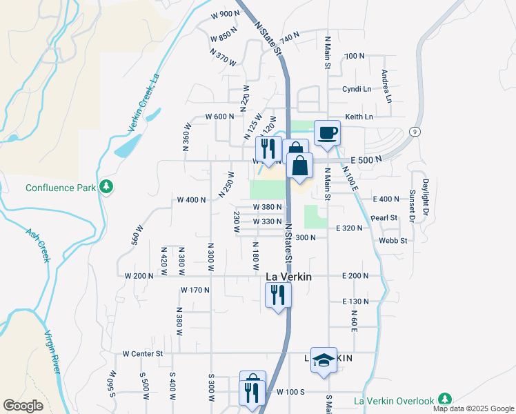 map of restaurants, bars, coffee shops, grocery stores, and more near West 380 North in La Verkin
