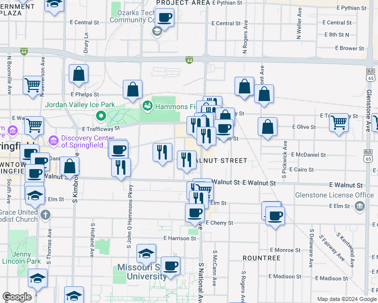 map of restaurants, bars, coffee shops, grocery stores, and more near 216 South Florence Avenue in Springfield