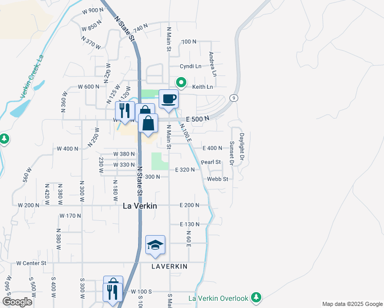 map of restaurants, bars, coffee shops, grocery stores, and more near 385 North 100 East in La Verkin