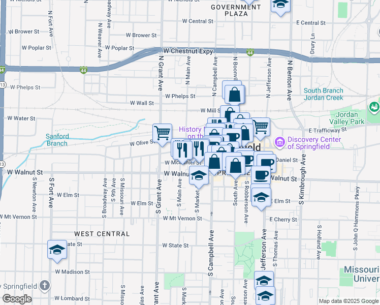 map of restaurants, bars, coffee shops, grocery stores, and more near 501 West College Street in Springfield