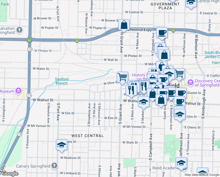 map of restaurants, bars, coffee shops, grocery stores, and more near 734 West Olive Street in Springfield