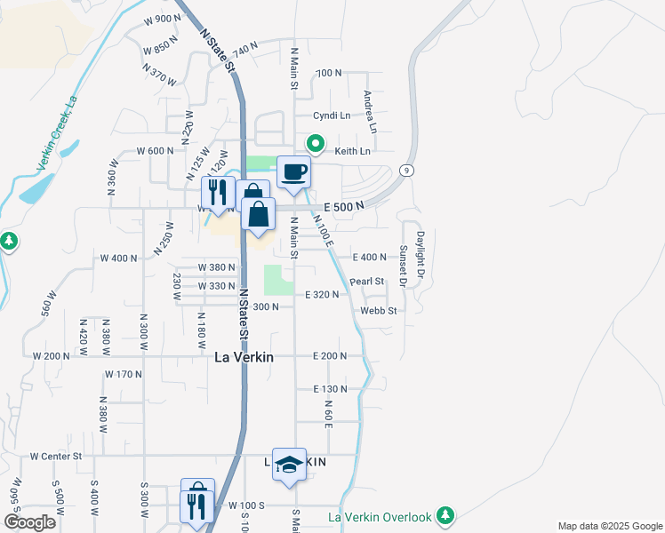 map of restaurants, bars, coffee shops, grocery stores, and more near 385 North 100 East in La Verkin