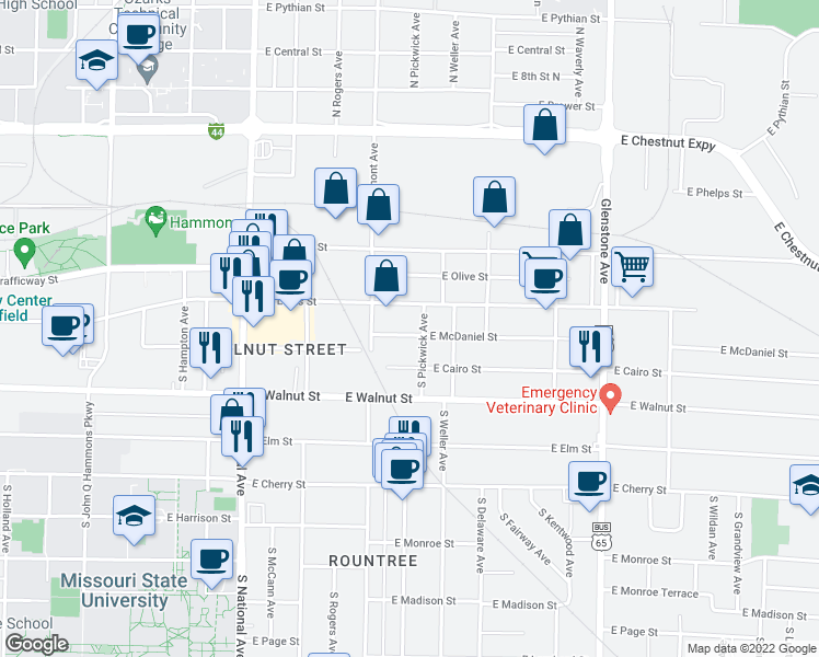 map of restaurants, bars, coffee shops, grocery stores, and more near 1441 East McDaniel Street in Springfield