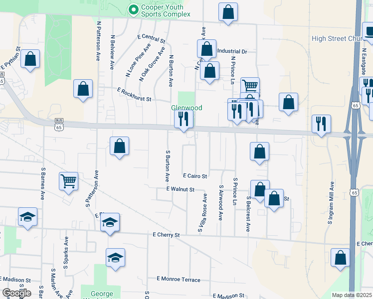 map of restaurants, bars, coffee shops, grocery stores, and more near 2757 East McDaniel Street in Springfield