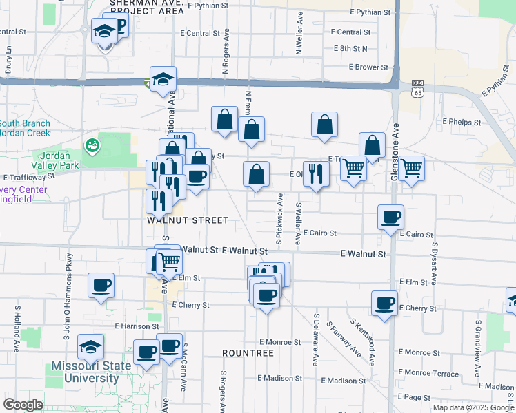 map of restaurants, bars, coffee shops, grocery stores, and more near 1424 East Saint Louis Street in Springfield