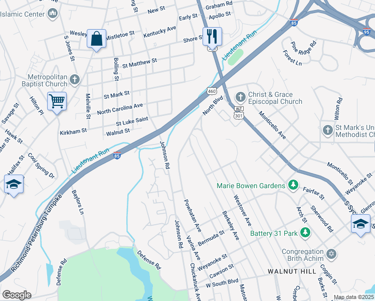 map of restaurants, bars, coffee shops, grocery stores, and more near 1530 Berkeley Avenue in Petersburg