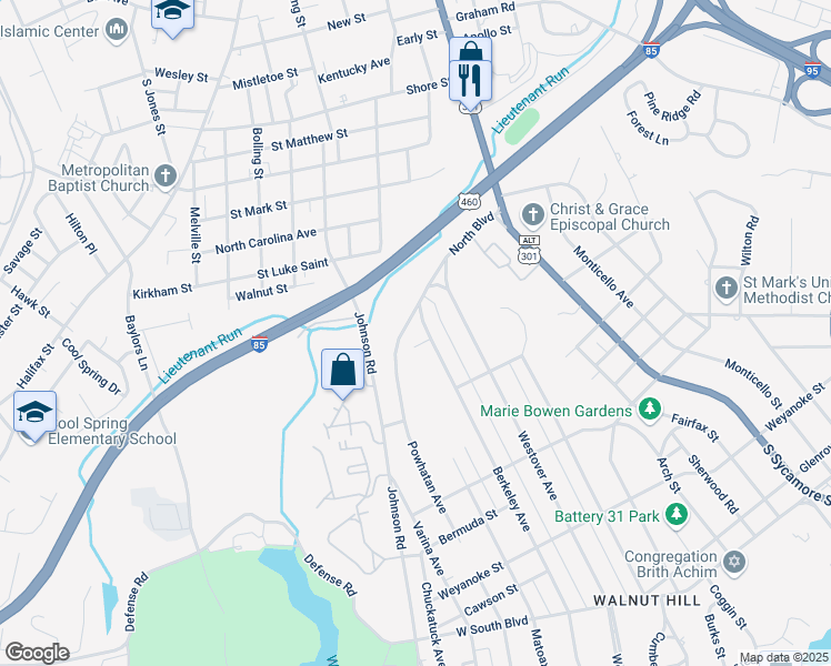 map of restaurants, bars, coffee shops, grocery stores, and more near 1530 Berkeley Avenue in Petersburg