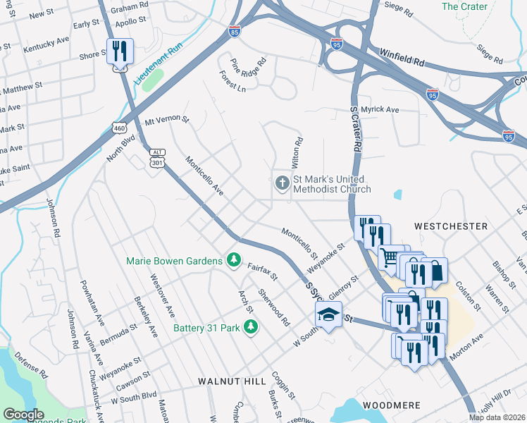 map of restaurants, bars, coffee shops, grocery stores, and more near 218 Claremont Street in Petersburg