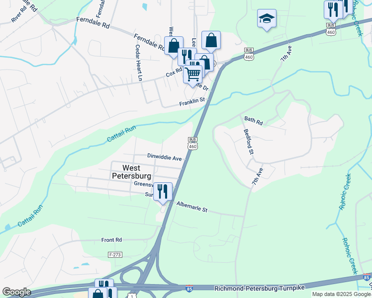 map of restaurants, bars, coffee shops, grocery stores, and more near 4610 Boydton Plank Road in Petersburg