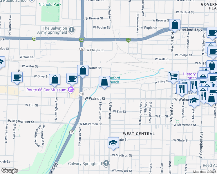 map of restaurants, bars, coffee shops, grocery stores, and more near 1303 West College Street in Springfield