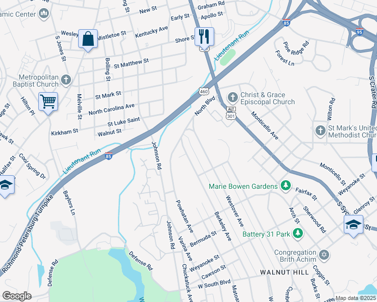 map of restaurants, bars, coffee shops, grocery stores, and more near 1547 Berkeley Avenue in Petersburg