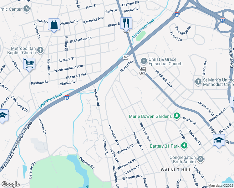 map of restaurants, bars, coffee shops, grocery stores, and more near 1547 Berkeley Avenue in Petersburg