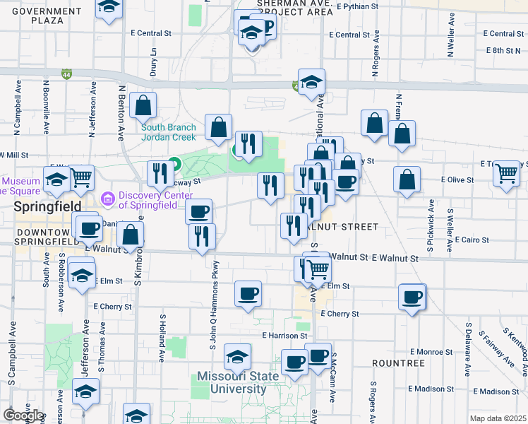 map of restaurants, bars, coffee shops, grocery stores, and more near 1028 East Saint Louis Street in Springfield