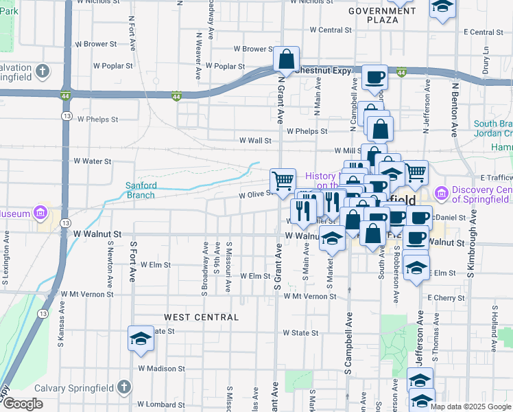 map of restaurants, bars, coffee shops, grocery stores, and more near 734 West Olive Street in Springfield