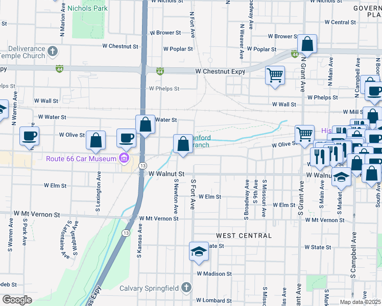 map of restaurants, bars, coffee shops, grocery stores, and more near 1303 West College Street in Springfield