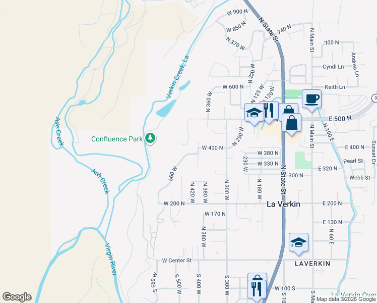 map of restaurants, bars, coffee shops, grocery stores, and more near 409 North 400 West in La Verkin