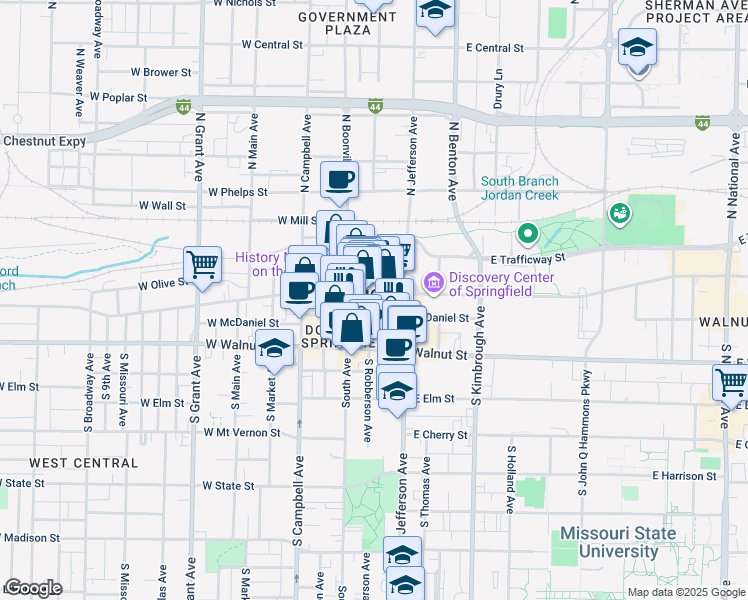 map of restaurants, bars, coffee shops, grocery stores, and more near 307 Park Central East in Springfield