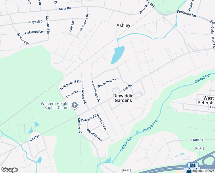 map of restaurants, bars, coffee shops, grocery stores, and more near 4607 Woodstream Court in Petersburg
