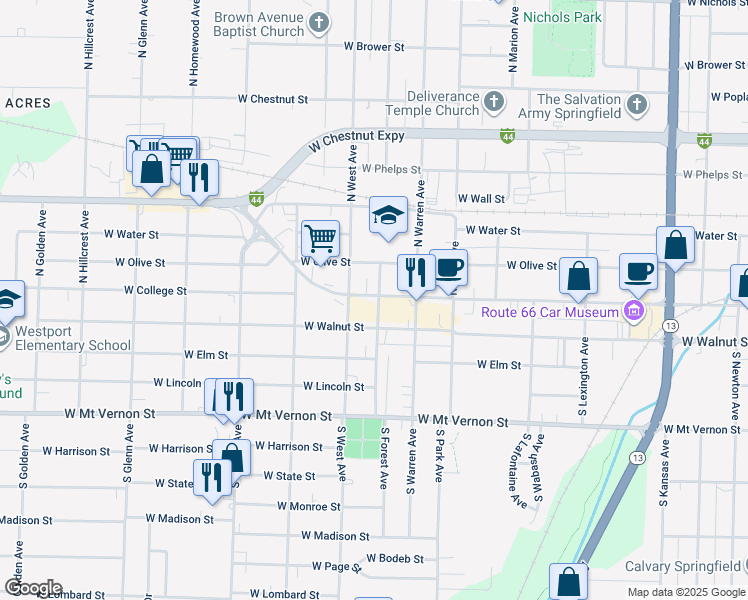 map of restaurants, bars, coffee shops, grocery stores, and more near 2400 West College Street in Springfield